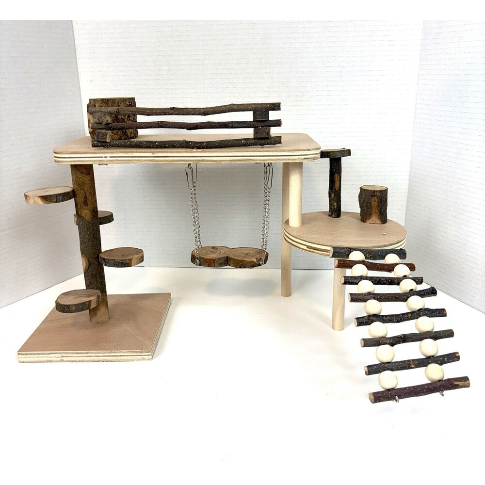 Hamster Playground Platform, Climbing, Swinging, Ladder Toy, Natural Pet-Safe